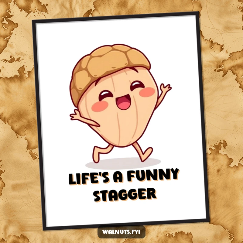 Funny Free Printable Wall Art: A giggling walnut character caught mid-stagger, radiating pure, hilarious joy.