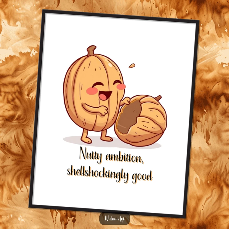 Funny Free Printable Wall Art: A giggling walnut cracks open another walnut with tiny arms, creating humorous decor.