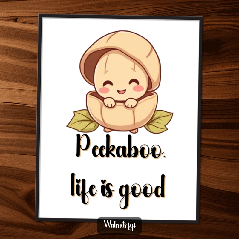 Funny Free Printable Wall Art: A happy walnut character curiously peeking out from behind a large shell, inviting a smile.
