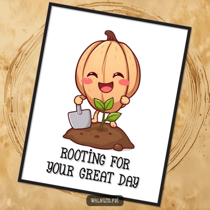 Funny Free Printable Wall Art featuring a grinning walnut with a shovel planting a tiny sprout, quirky downloadable decor.