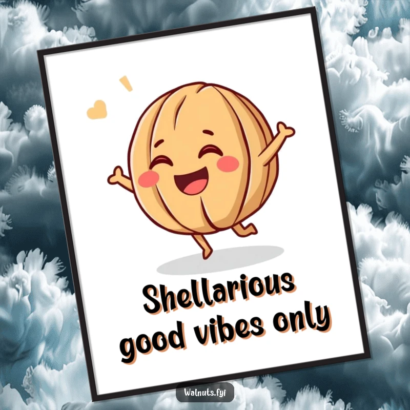 Funny Free Printable Wall Art: a giggling walnut bouncing with infectious energy and a wide, happy grin, perfect for humorous home decor.