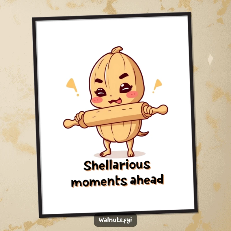 Funny Free Printable Wall Art: A determined walnut balances a rolling pin, about to crack a hilarious joke for a touch of quirky decor.