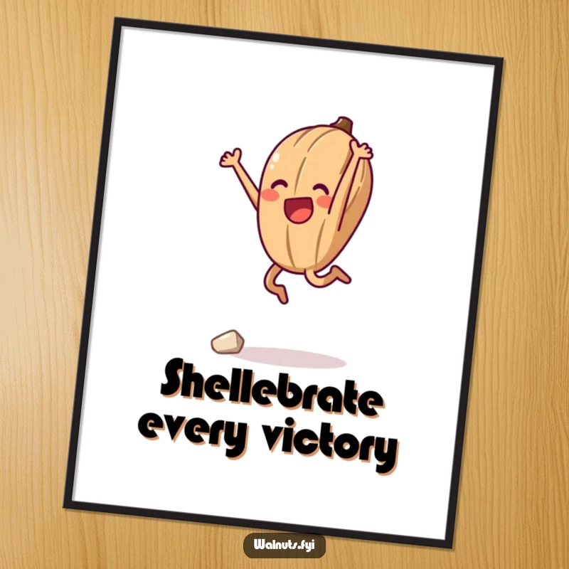 Funny Free Printable Wall Art: An anthropomorphic walnut executing a jubilant jump, celebrating a successful climb, perfect wall decor.