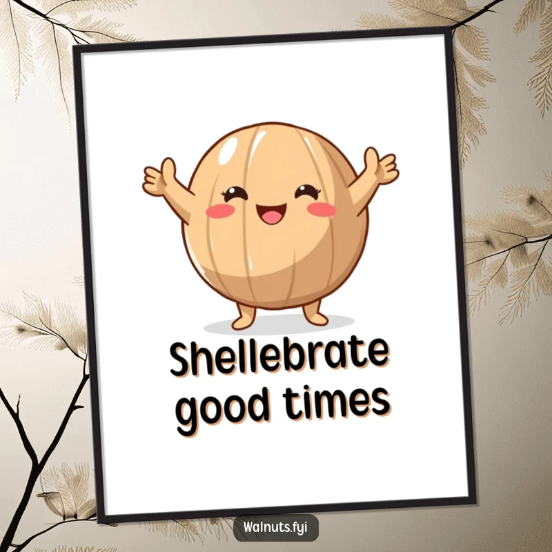 Funny Free Printable Walnut Wall Art: A round walnut character with arms raised in a triumphant gesture, ready to inspire and amuse.