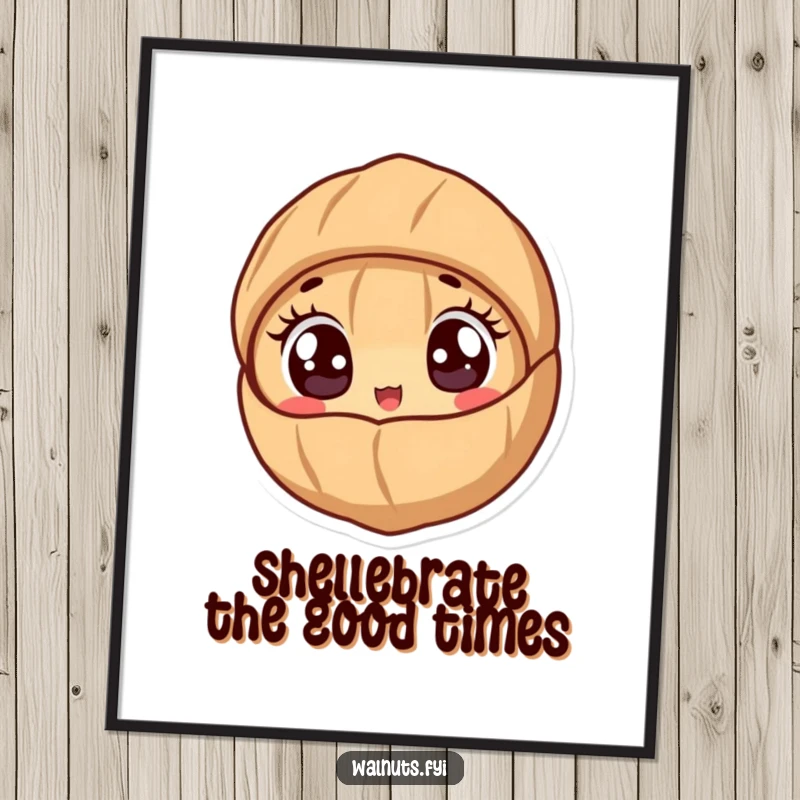 Funny Free Printable Wall Art: A cute walnut character with wide, excited eyes peeking out from a shell, a downloadable piece for quirky decor.