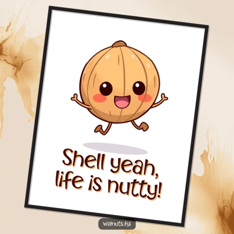 Funny Free Printable Wall Art: A smiling walnut character with tiny legs scampering energetically, a humorous and downloadable piece for quirky home decor.