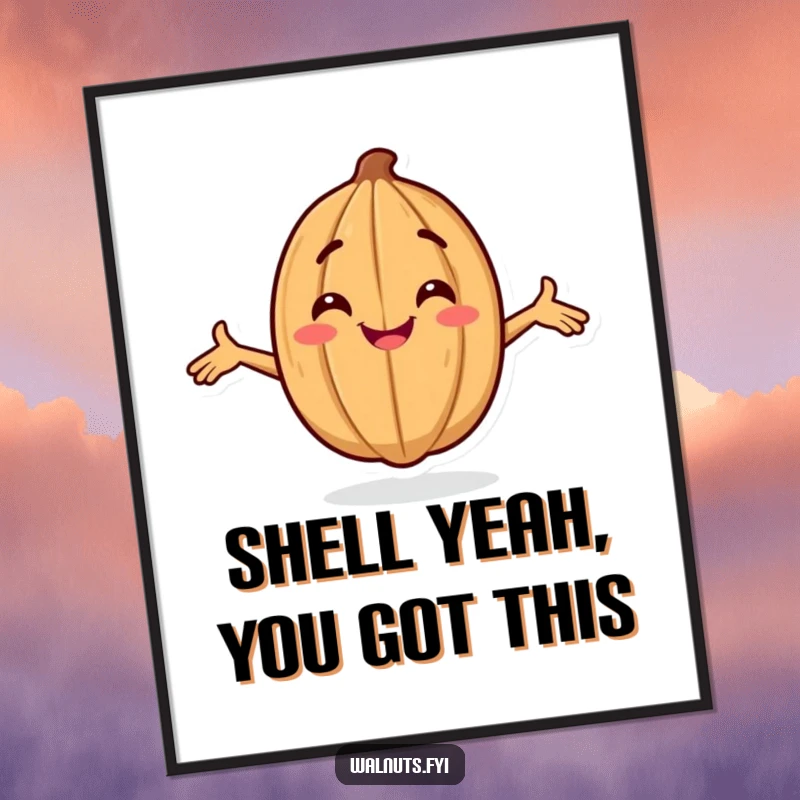 Funny Free Printable Wall Art: A smiling walnut striking a super confident pose with arms spread wide, exuding self-assuredness.