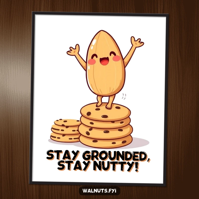 Funny Free Printable Wall Art: An amused almond doing a perfect handstand on a tall stack of cookies, defying gravity.