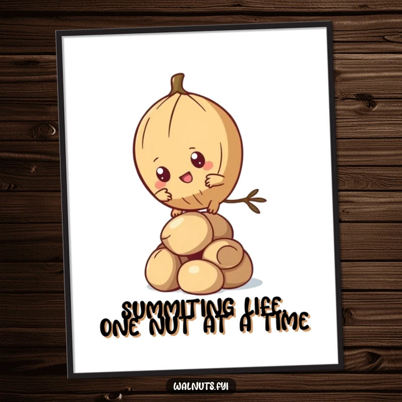 Funny Free Printable Wall Art of a determined Kawaii pine nut character climbing a nut stack, symbolizing aspiration.