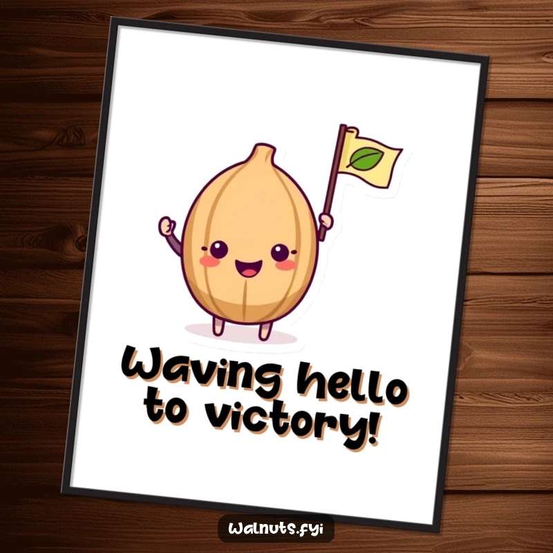 Funny Free Printable Wall Art: A kawaii walnut joyfully waves a tiny leaf flag, bringing an energetic and whimsical touch to your decor.