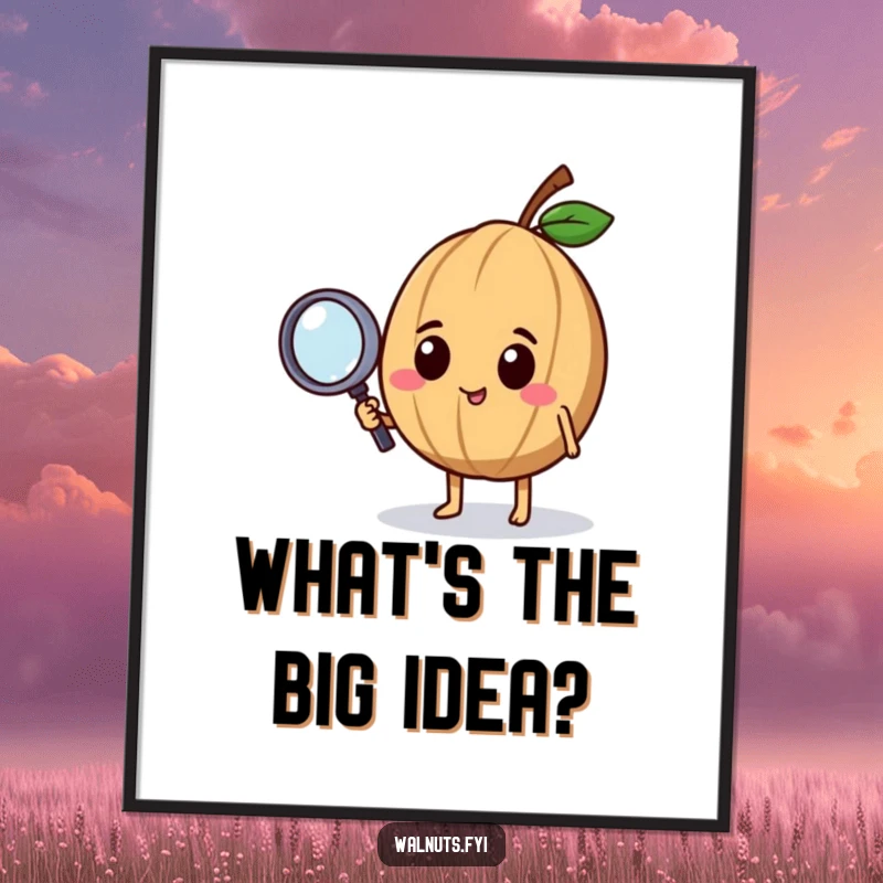 Funny Free Printable Wall Art: A happy walnut character uses a tiny magnifying glass to curiously examine its surroundings, adding humor to decor.