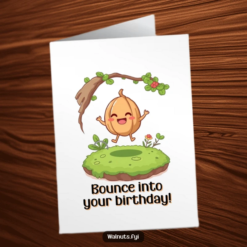 Funny free printable birthday card featuring a giggling walnut joyfully bouncing on a mossy patch, radiating pure happiness.