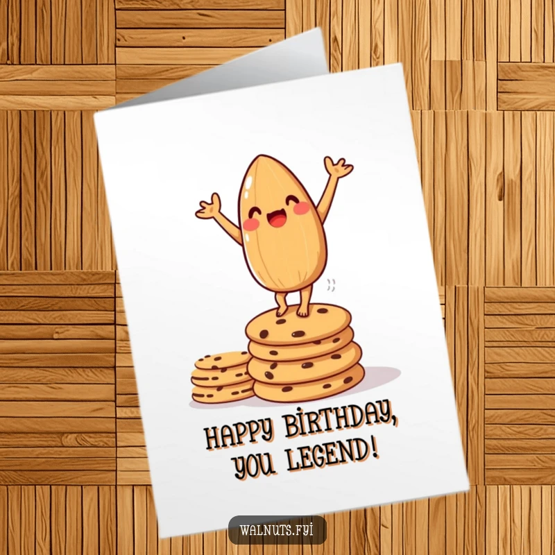 Funny Free Printable Birthday Card: An amused almond doing a handstand on stacked cookies, celebrating energetically.