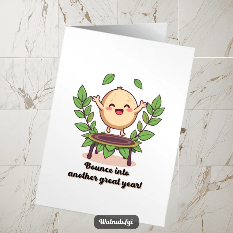 Funny Free Printable Birthday Card: A happy walnut bounces on a leaf trampoline, wishing a joyful birthday.