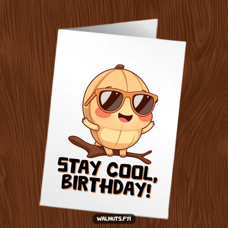 Funny Free Printable Birthday Card: A smiling walnut wearing tiny dark sunglasses poses confidently on a tree branch, looking cool.