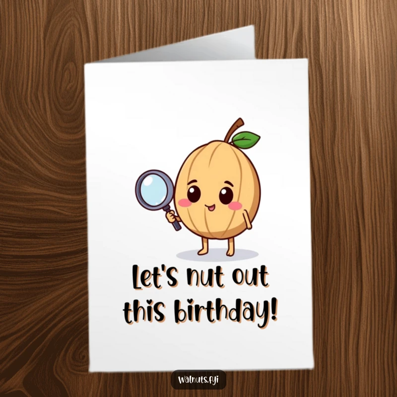 Funny Free Printable Birthday Card: A happy walnut character holds a tiny magnifying glass, curiously examining something with a playful expression.