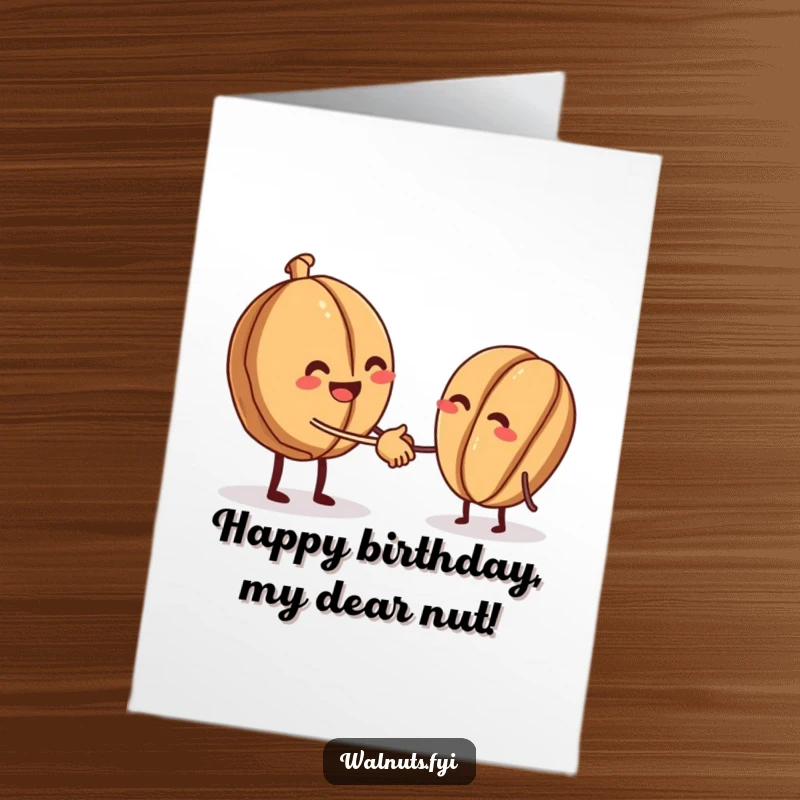 Funny Free Printable Birthday Card: Two walnuts share a friendly handshake, celebrating a birthday.
