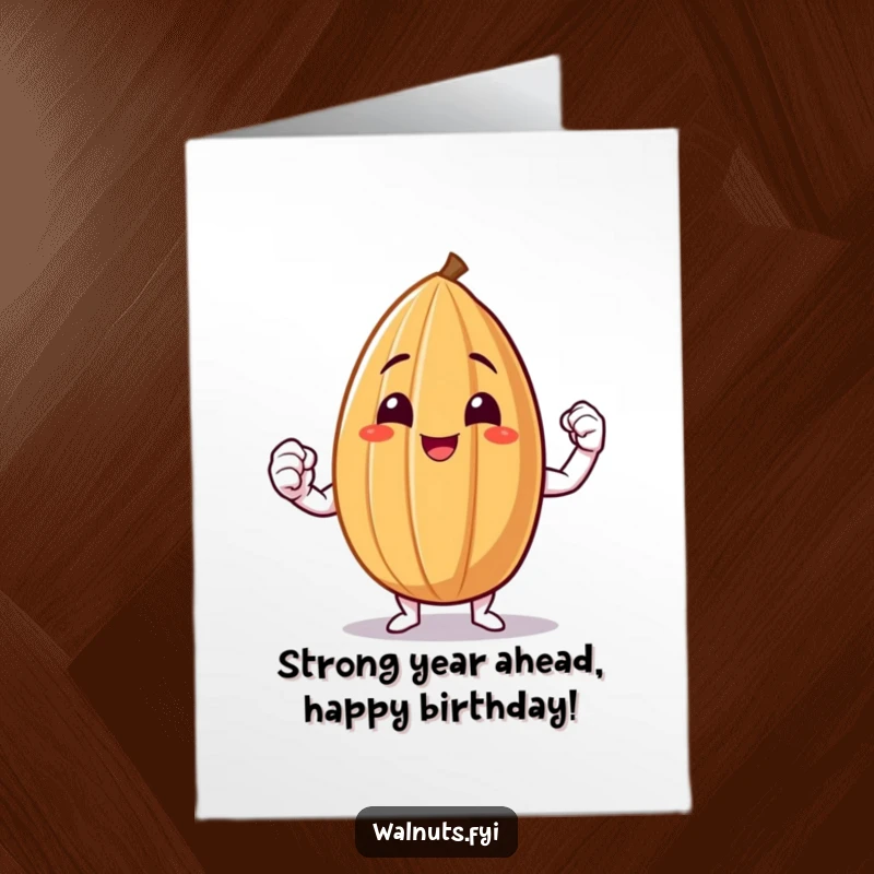 Funny Free Printable Birthday Card: A smiling almond shows off its tiny, triumphant muscle flex.