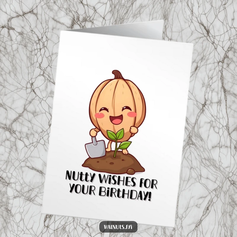 Funny Free Printable Birthday Card featuring a grinning walnut with a shovel planting a tiny sprout, perfect for gardeners.