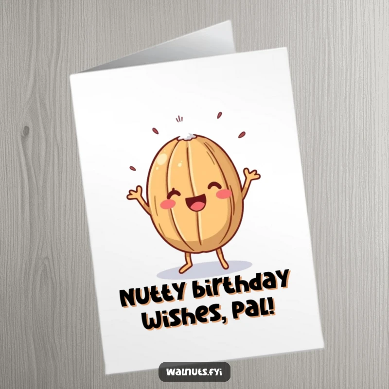Funny Free Printable Birthday Card: A happy walnut joyfully dances with a dash of salt, ready to party.