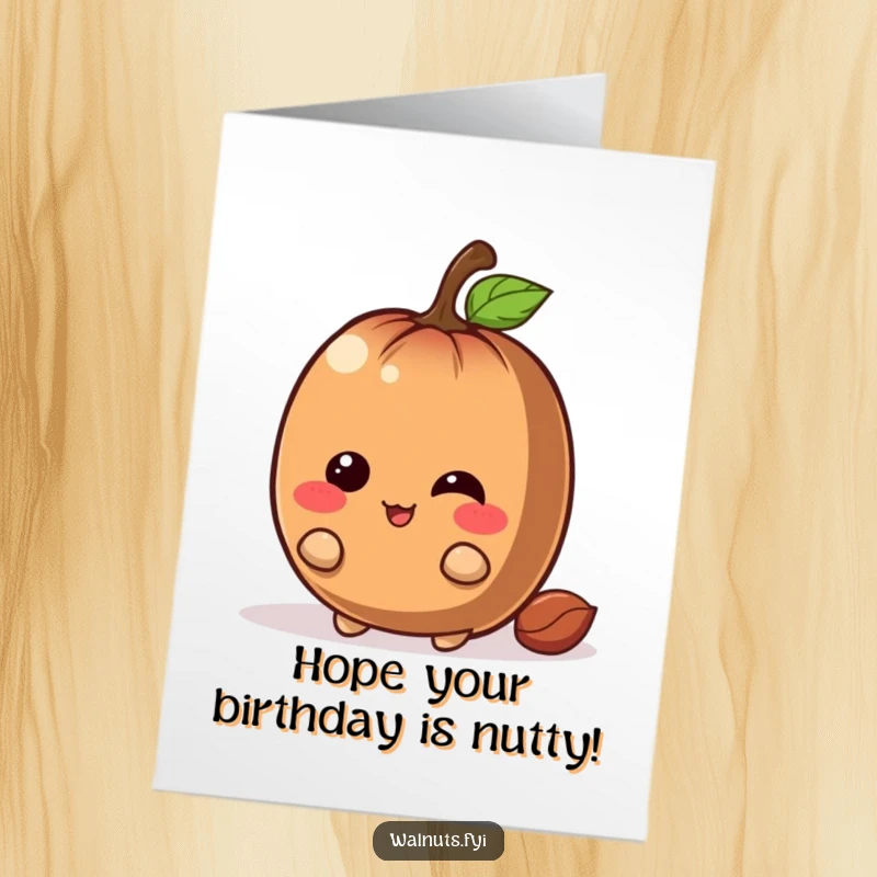 Funny Free Printable Birthday Card: Giggling brown chestnut character with a mischievous grin peeking from behind a larger nut.