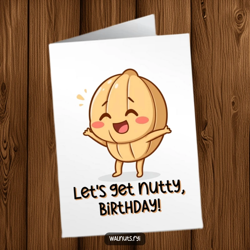 Funny Free Printable Birthday Card: A joyful walnut character performing a silly dance, spreading birthday cheer. Perfect DIY gift.