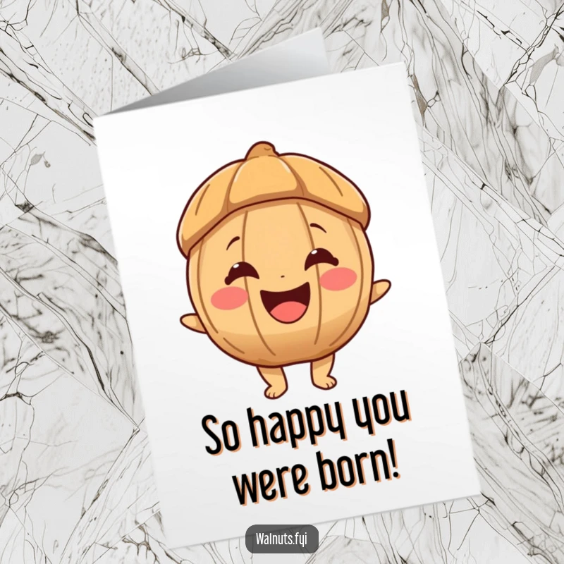 Funny Free Printable Birthday Card: A joyous walnut character beams with a huge smile, radiating happiness for a delightful DIY greeting.