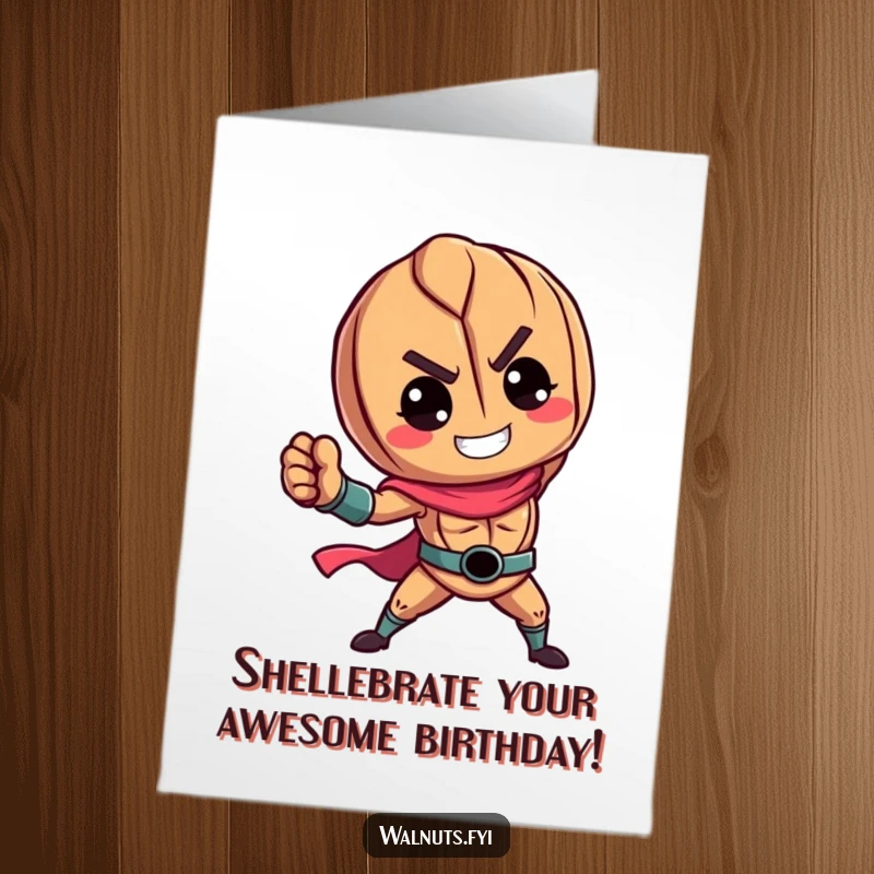 Funny Free Printable Birthday Card: A vibrant walnut in a heroic pose, ready to conquer birthday challenges.