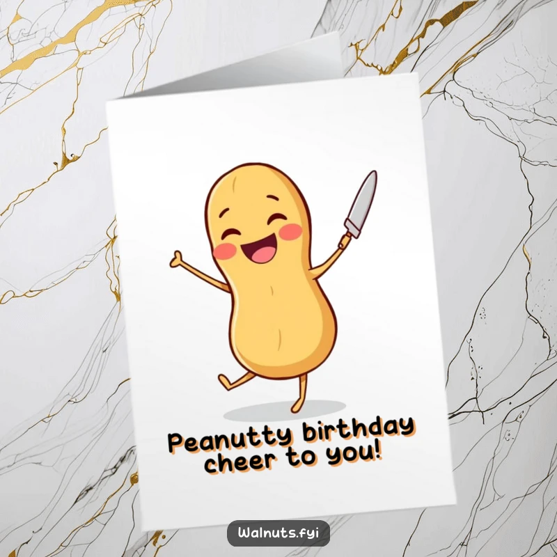 Funny Free Printable Birthday Card: A joyful peanut dances with a butter knife, spreading happy birthday vibes with a silly grin.