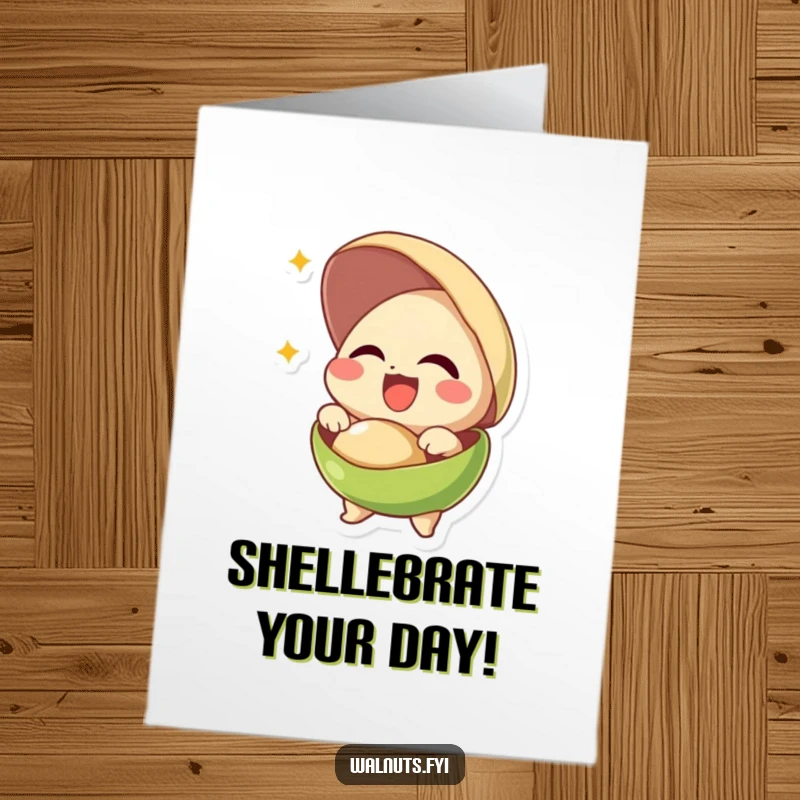 Funny Free Printable Birthday Card: Giggling pistachio bursting happily out of its shell, full of celebratory energy.