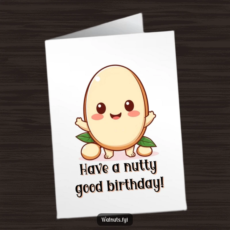Funny Free Printable Birthday Card: Happy Kawaii macadamia nut character generously offers a piece of itself.