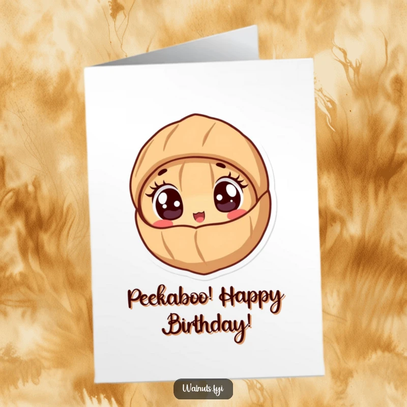 Funny Free Printable Birthday Card: A cute walnut with wide, excited eyes peeking out from its shell, ready for a downloadable birthday surprise.