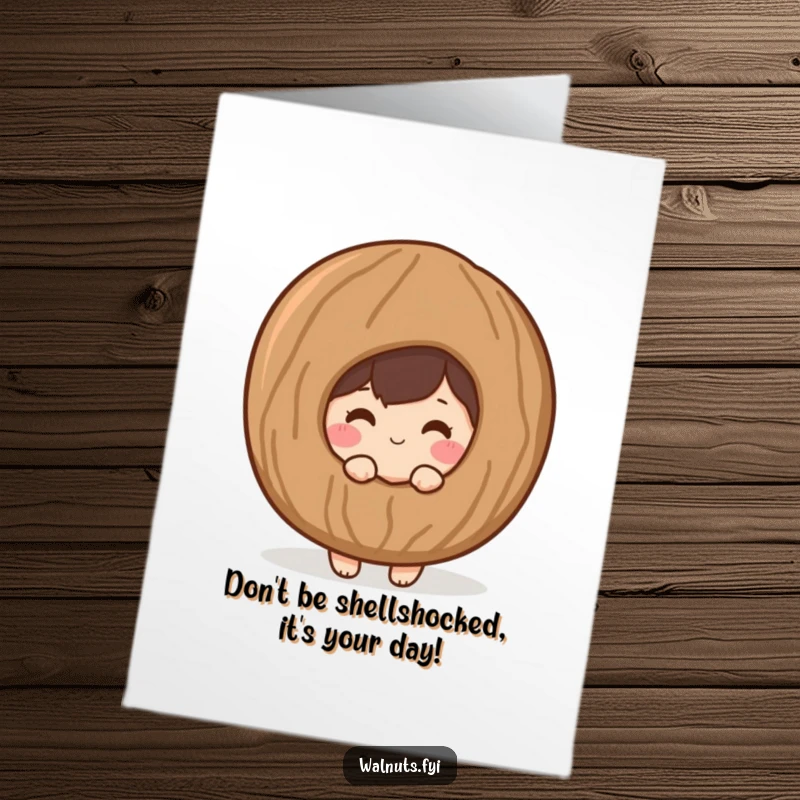 Funny Free Printable Birthday Card: A shy, blushing walnut peeks from behind a giant shell, a cute birthday wish.