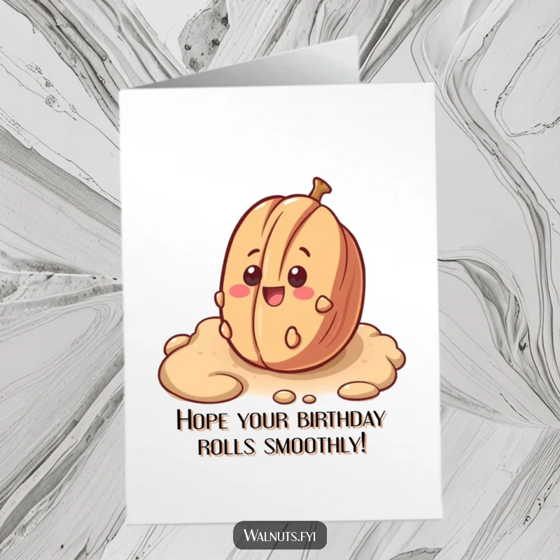 Funny Free Printable Birthday Card: A surprised pecan with a smile rolling down a bumpy surface, embracing the birthday chaos.