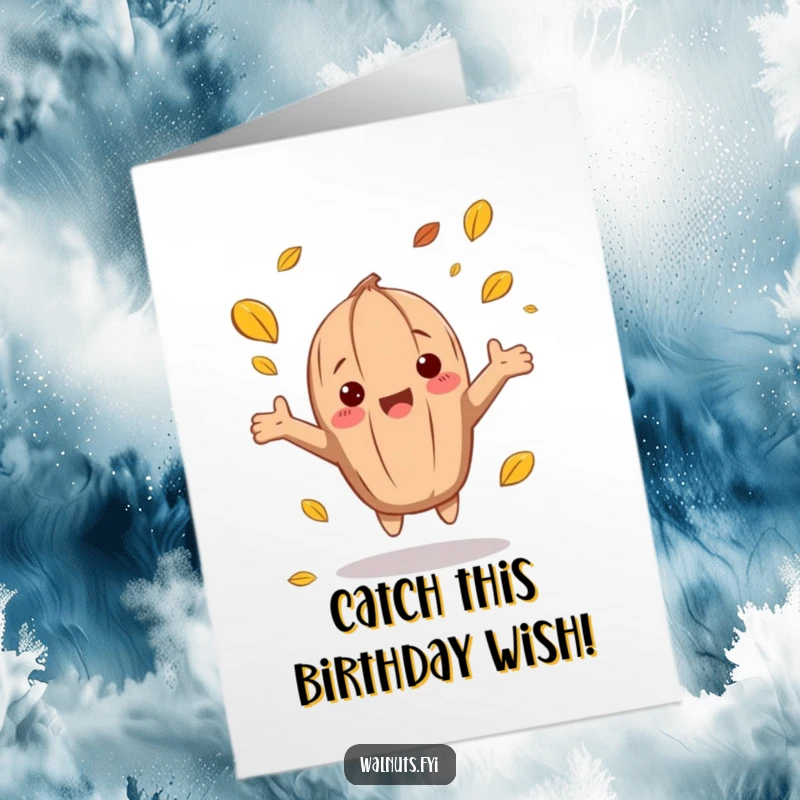 Funny Free Printable Birthday Card: A happy walnut with arms outstretched actively catches colorful falling leaves, celebrating the season.