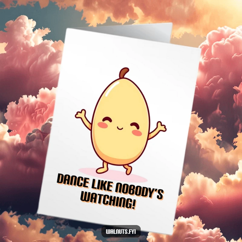 Funny Free Printable Birthday Card: Delighted Kawaii almond character doing a silly dance, spreading joy and laughter.