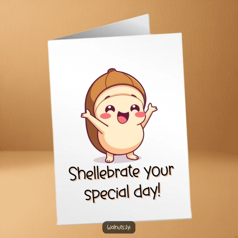Funny Free Printable Birthday Card: Excited Kawaii hazelnut character popping out of its shell, full of birthday energy.