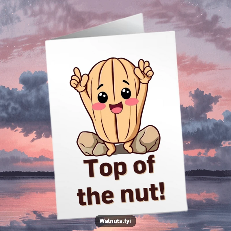 Funny Free Printable Birthday Card: Cheerful walnut celebrates a successful climb with arms raised, perfect for birthdays.