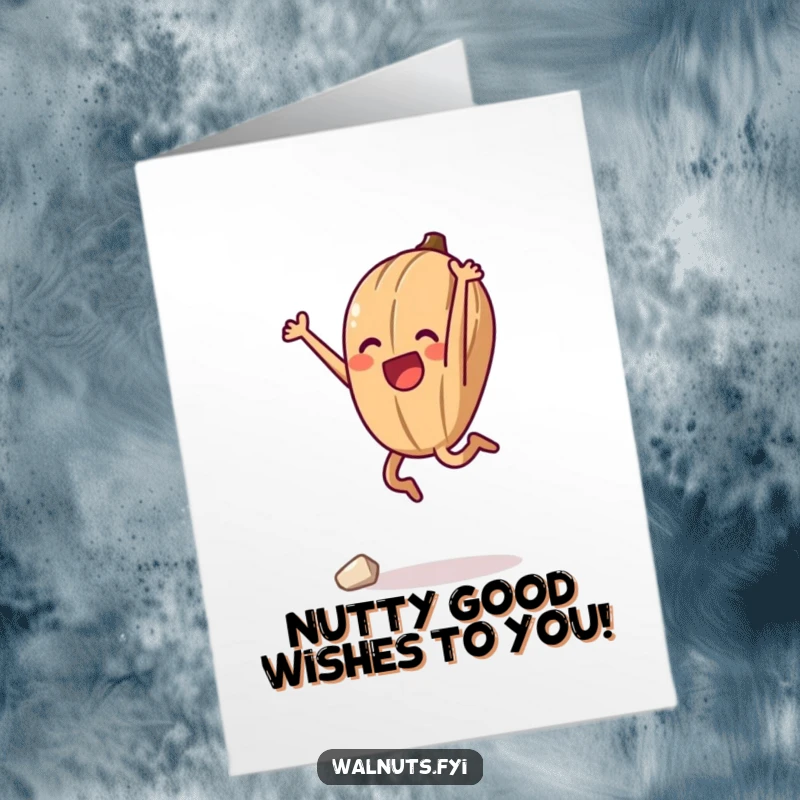 Funny Free Printable Birthday Card: An anthropomorphic walnut performs a joyful jump, celebrating a successful climb.