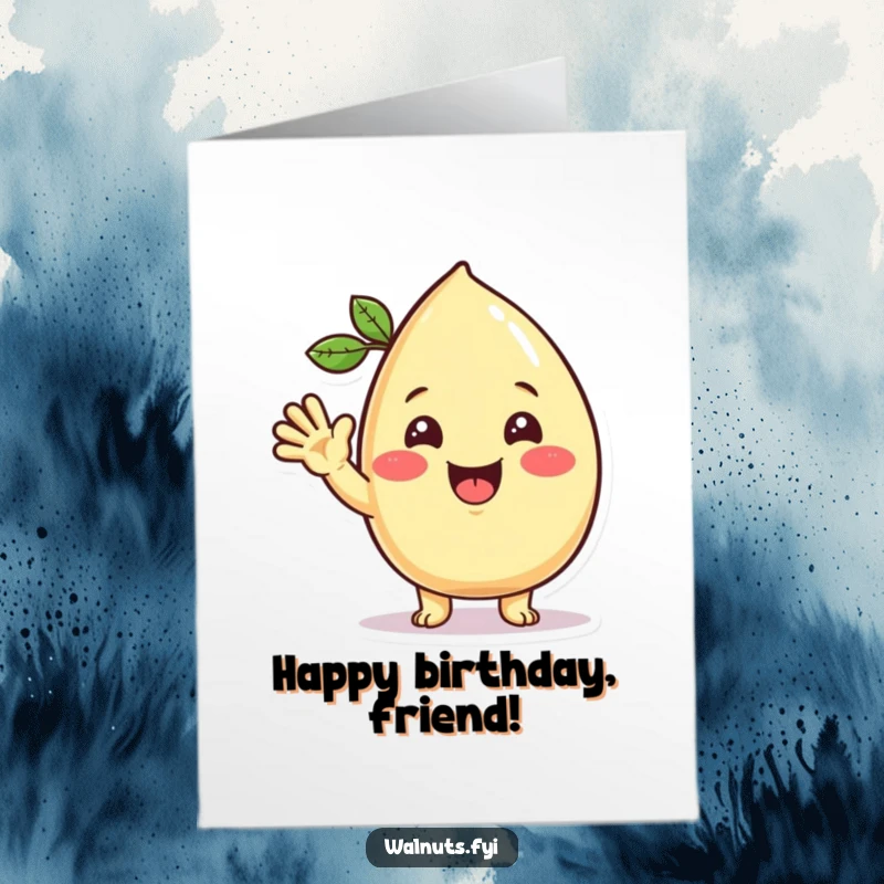 Funny Free Printable Birthday Card: Beaming Kawaii cashew character waving hello, radiating warmth and humor.