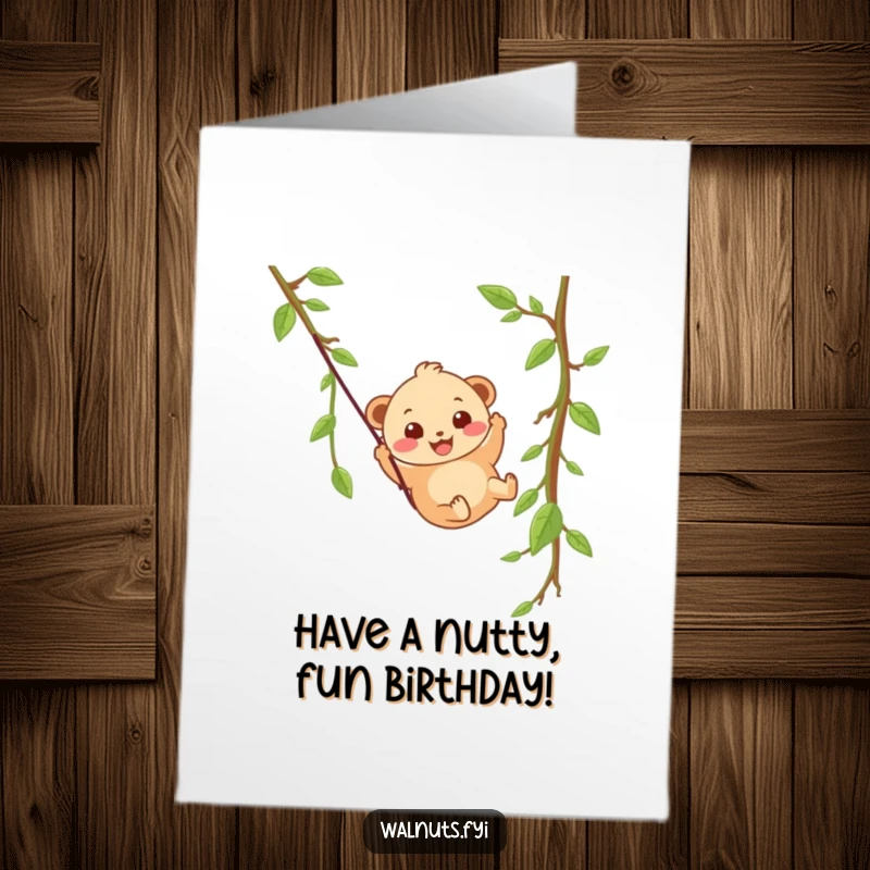 Funny free printable birthday card: A wobbly beige hazelnut with a huge grin gleefully slides down a vine zipline.