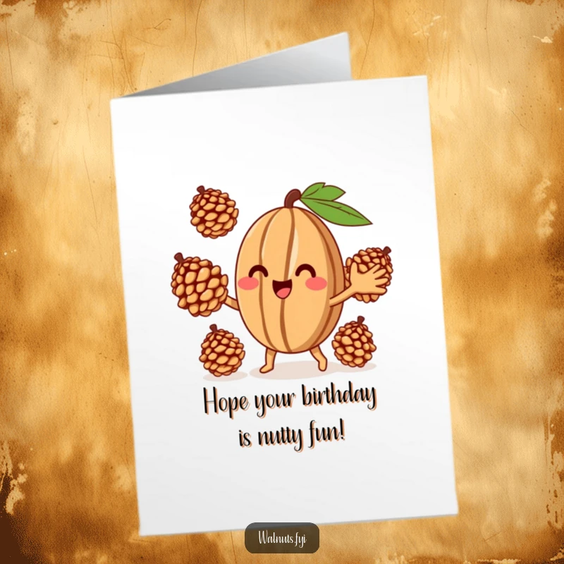 Funny Free Printable Birthday Card of a playful walnut smiling widely while juggling three tiny pinecones, a fun-filled card.