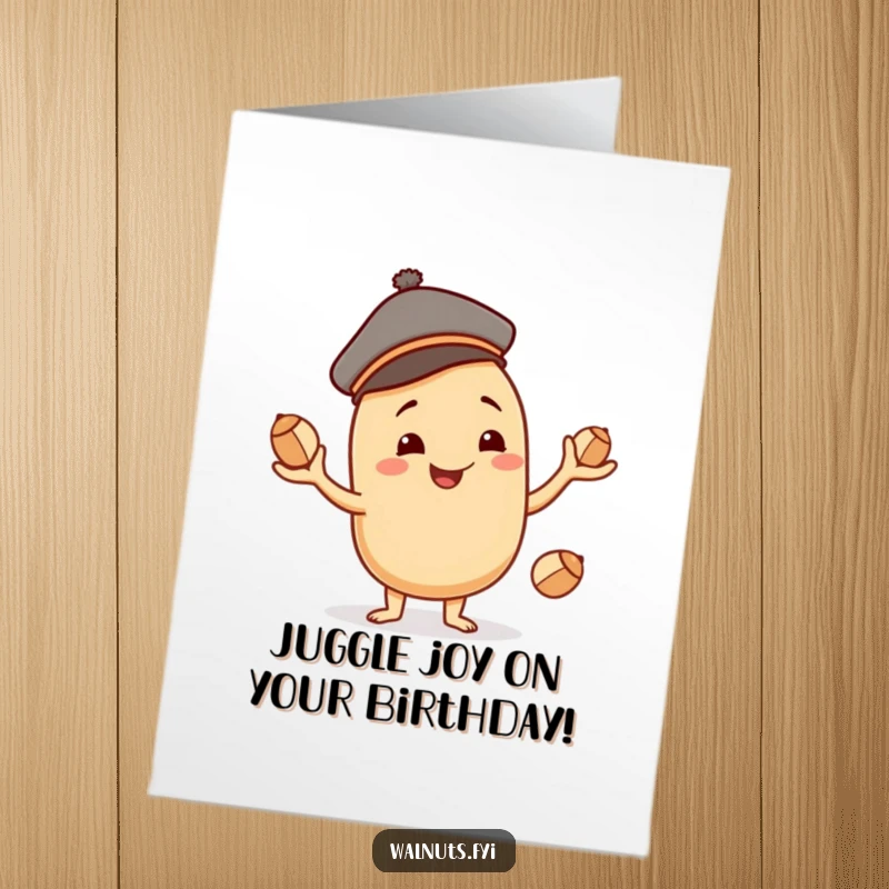 Funny Free Printable Cashew Birthday Card: Smiling beige cashew with jaunty cap, juggling three smaller nuts, celebrating.