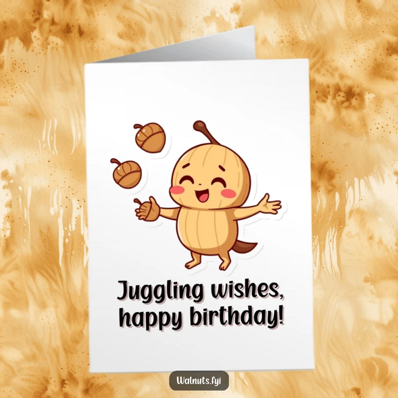 Funny Free Printable Birthday Card: A walnut with a determined expression juggles three acorns with playful concentration, wishing you a happy birthday.