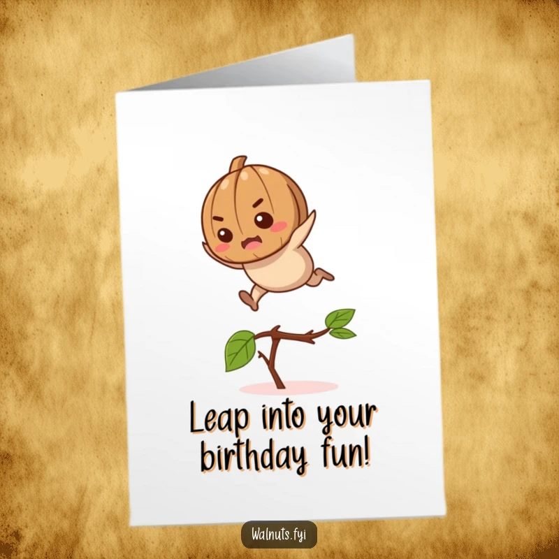 Funny free printable birthday card featuring a determined walnut mid-leap over a twig, symbolizing overcoming obstacles with a smile.