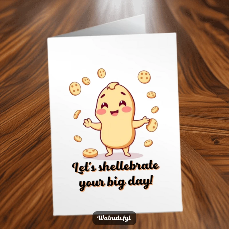 Funny Free Printable Birthday Card: A cheerful cashew juggling small cookie pieces with delight, celebrating your special day.