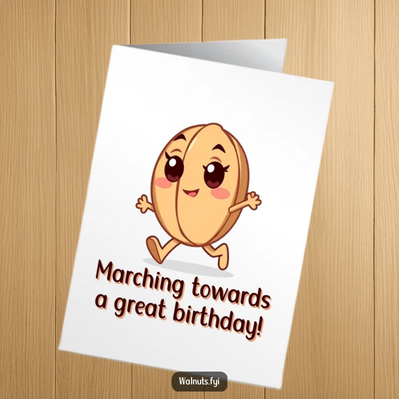 Funny Free Printable Birthday Card: A determined walnut with enthusiastic eyes marches forward purposefully.