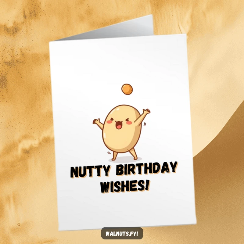 Funny Free Printable Birthday Card: Silly Brazil nut doing a cartwheel with a crumb flying off, full of energy.