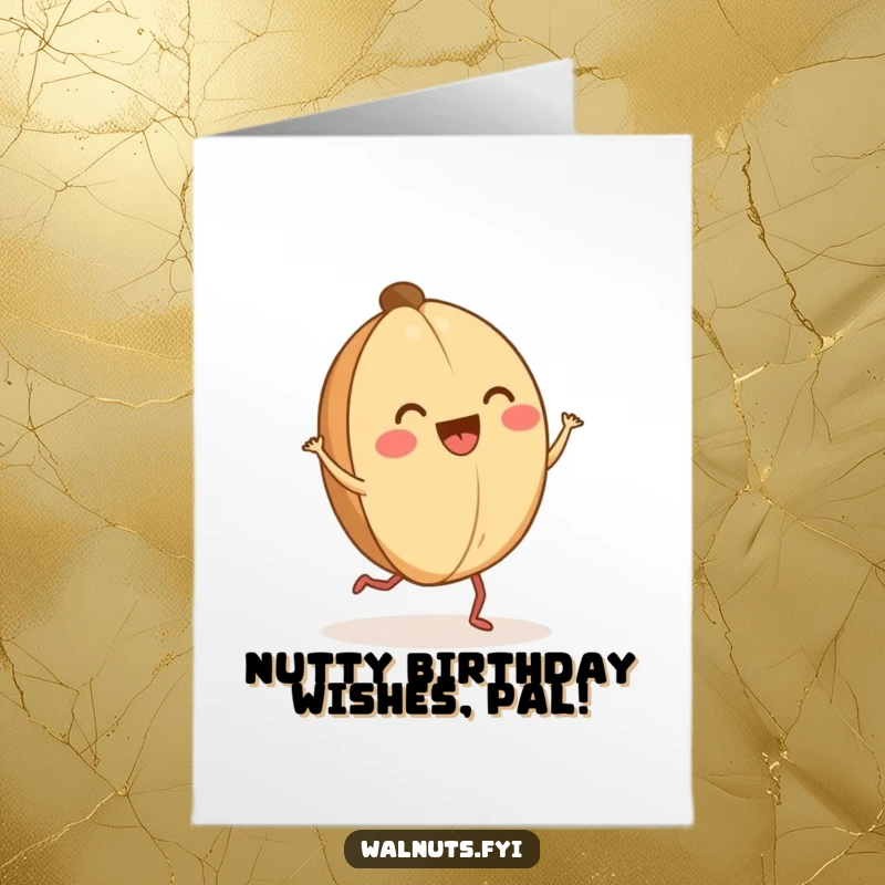 Funny Free Printable Birthday Card: A happy walnut with tiny legs does a little jig, exuding pure joy.
