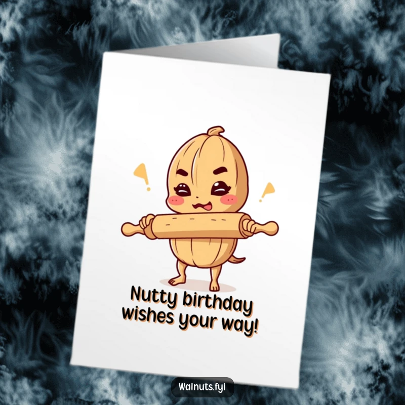 Funny Free Printable Birthday Card featuring a determined walnut holding a rolling pin, about to crack a joke with a mischievous grin.